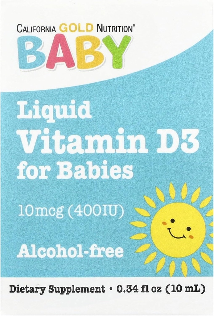 Kalifornia Gold Nutrition Baby Vitamín D3 Liquid D3 Supplement for Babies, Vegetariánska priateľsky - Developmental Support - Alkohol & Gluten Free, Non-GMO - 10 mcg (400 IU) - 0.34 fl oz (10 ml)