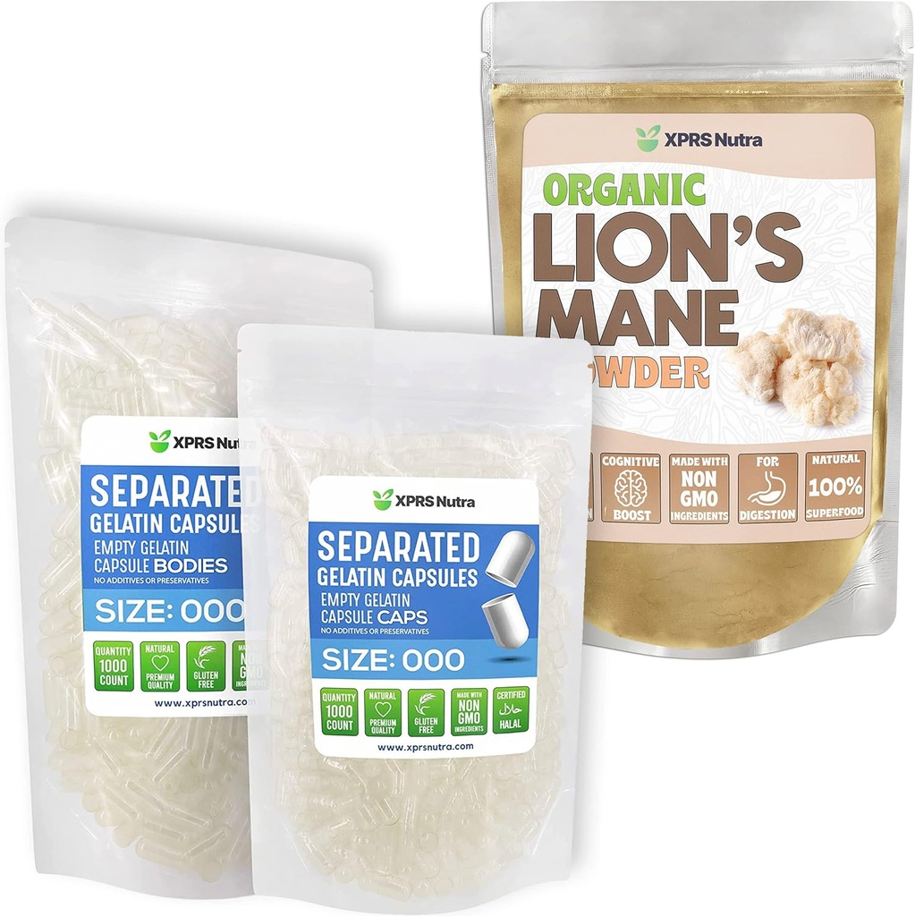 XPRS Nutra Oddelená veľkosť 000 Kapsule (1000 Počet) s Lion Mane prášok (16 Ounce) Bundle