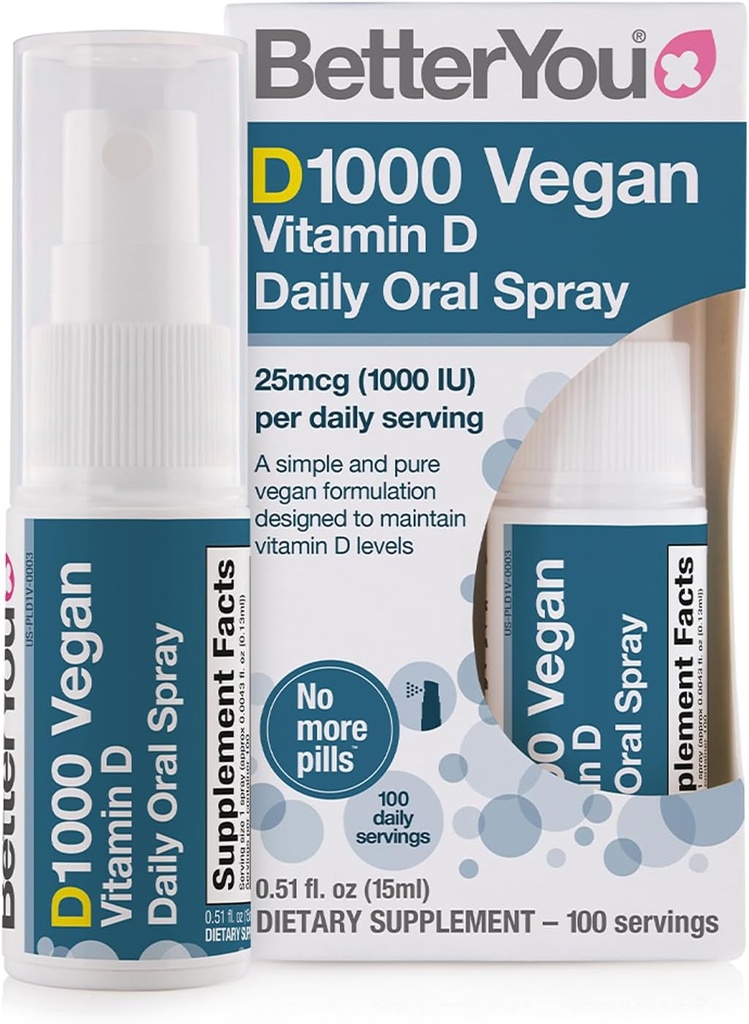 BetterYou D1000 Vegánsky vitamín D perorálny sprej - Pohodlná alternatíva pre tablety - Rastlinný pôvod - podporuje silné kosti, zuby a imunitný systém - Pomoc pri absorpcii vápnika - 100 denných dávok - 0,5 oz