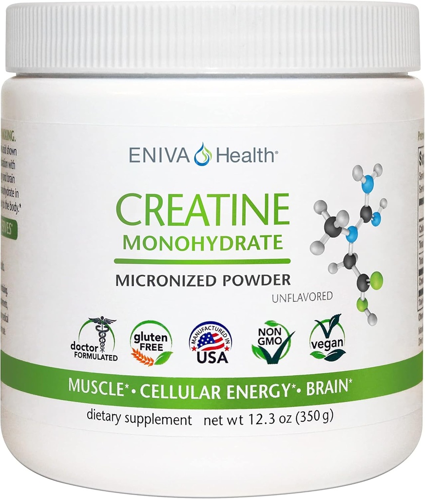 Eniva Health Creatin Monohydrát Prášok, Amino Acid, Mikronizovaný prášok, 70 Serviv 5 G 12.3 oz, Podpora svalov, Rast svalov, Bunkulárna energia, Kognitívne zameranie, Ultra-pure, Farmaceutická trieda