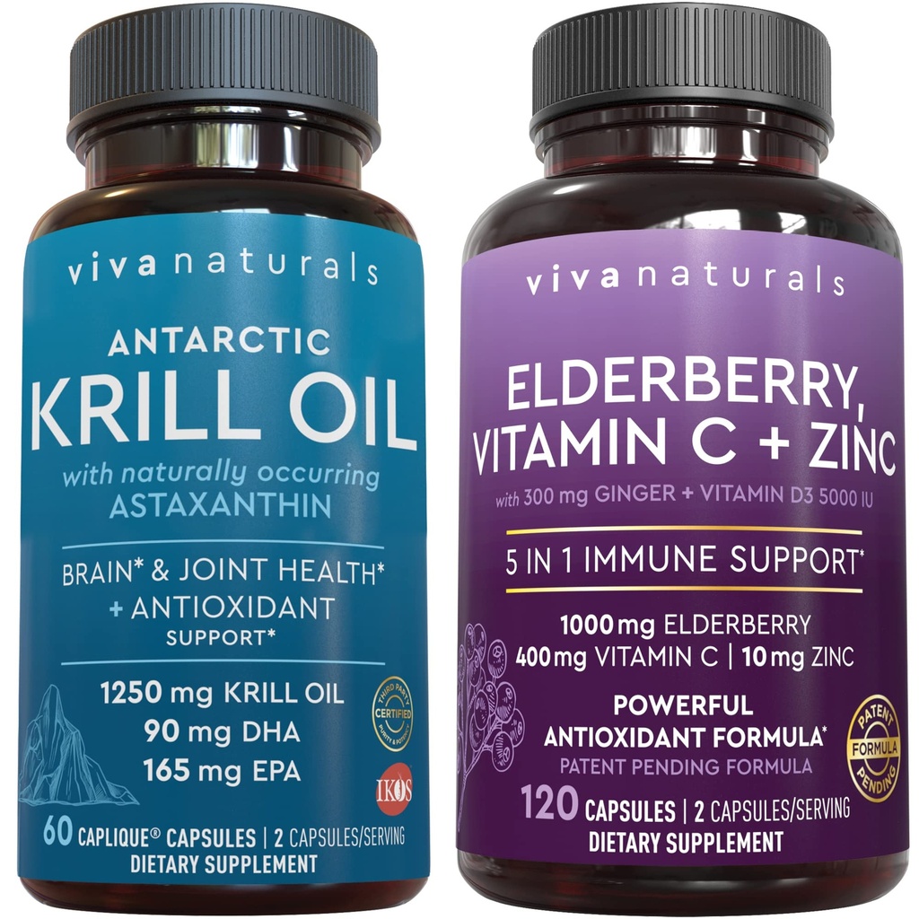 Viva Naturals Antarktída Krill Oil and Elderberry, Vitamín C, Zinok a vitamín D3 5000 IU Bundle, 1250 mg Krill Oil Providing Omega 3 EPA and DHA for Joint Health, Elderberry for Immune Support