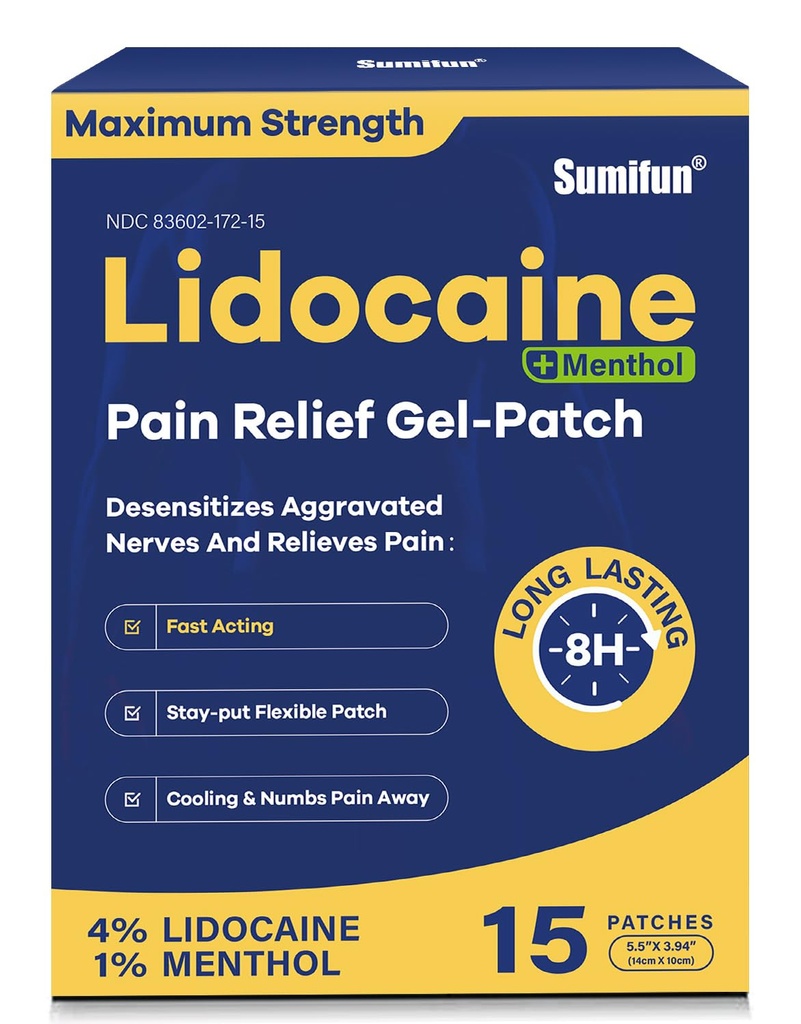 Sumifun 4% Lidokaín Patches Plus 1% Mentol - 15 grófov Maximálna sila OTC úľava od bolesti Patches pre Back Ache Stif Neck Bolesť kĺbov Svalová bolesť Topická analgézia
