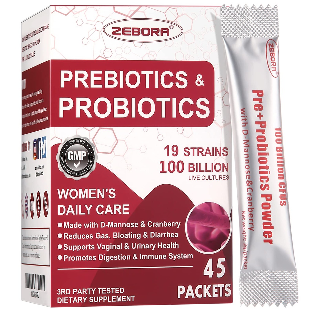 ZEBORA Probiotiká pre ženy 100-biliónové CFU s prebiotikami, D-manóza a brusnica pre trávivé, imunitné, Feminine UT Health Support, Ultimate Probiotic Women's Care, Soy & Gluten Free, 45 paketov