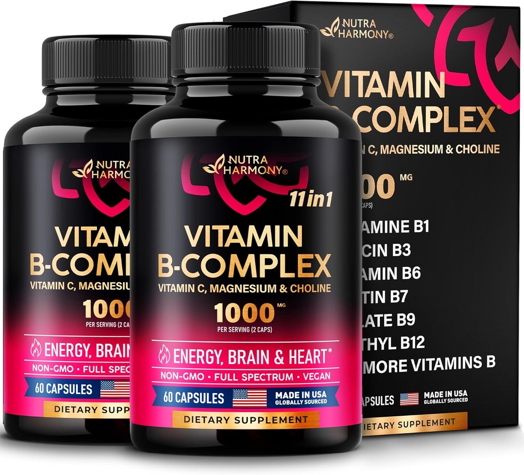 Vitamín B komplex pre mužov a ženy - vyrobený v USA - 11-v-1 B-komplex: B1, B2, B3, B5, B6, B7, B8, B9, B12 s vitamínom C, cholín, Inozitol - Energy, Brain & Heart Suplement - balenie 2