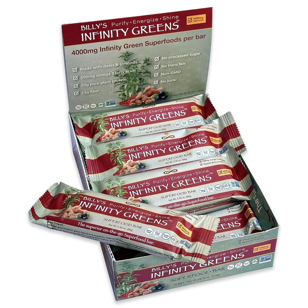 Infinity Greens Superfood Bars, Plant Based Meal Replacement Bar s 4000mg Infinity Greens Superfood Powder, Organic, Raw, Gluten Free, Non GMO (12 Bars)