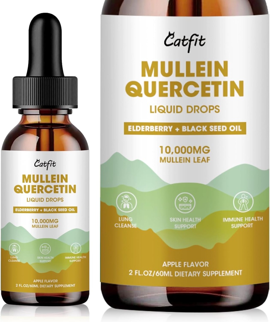 Catfit Lymfatické kvapky na pľúca - Mullein Leaf Extract Liquid Supplement - Pľúcne čistenie pre fajčiarov - Výkonný Mullein Tinktúra pre imunitné, kožné a respiračné zdravie Podpora - 1 Fl Oz