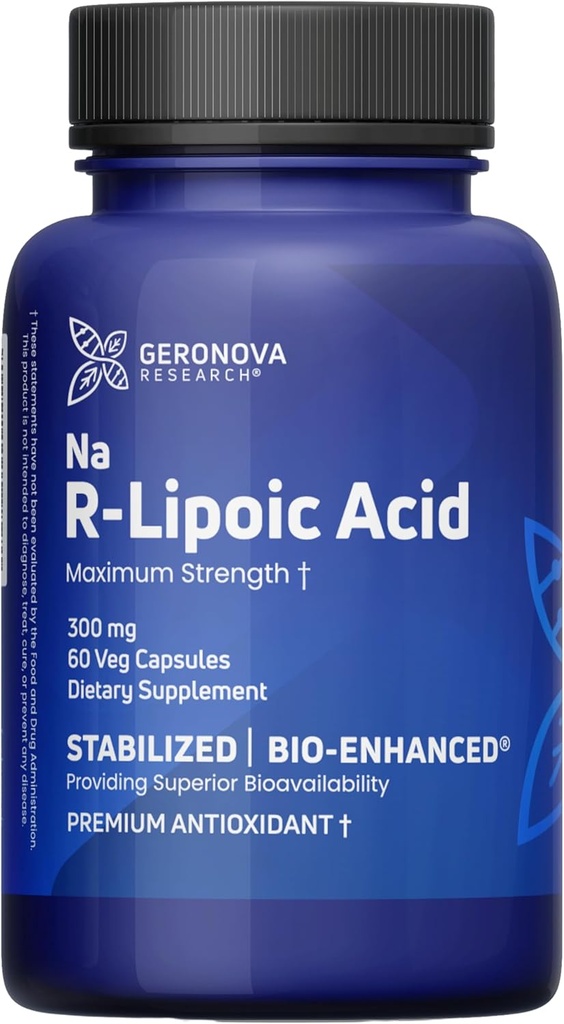 Geronova Research Bio-Enhanced R-Lipoic Acid, 300 mg Kapsule - 2 mesiace Zásoba - Stabilizovaný R Alpha Lipoic Acid so zvýšenou absorpciou - R Lipoic Acid Supplement - 60 Počet