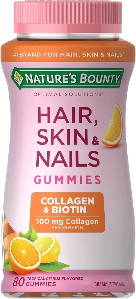 Prírodné Bounty vlasy, koža a nechty s biotínom a kolagénom, podporuje vlasy kože a nechty zdravie, 2500 mcg, Citrus Ochutené Gummies, 140 Ct