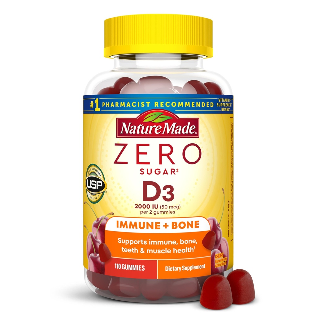 Nature Made Zero Cukor Vitamín D3 Gummies 2000 IU (50 μg) Per Serving, Bone & Immune Support, Aspartam Free, 110 Vitamín D Gumies, 55 Day Supply