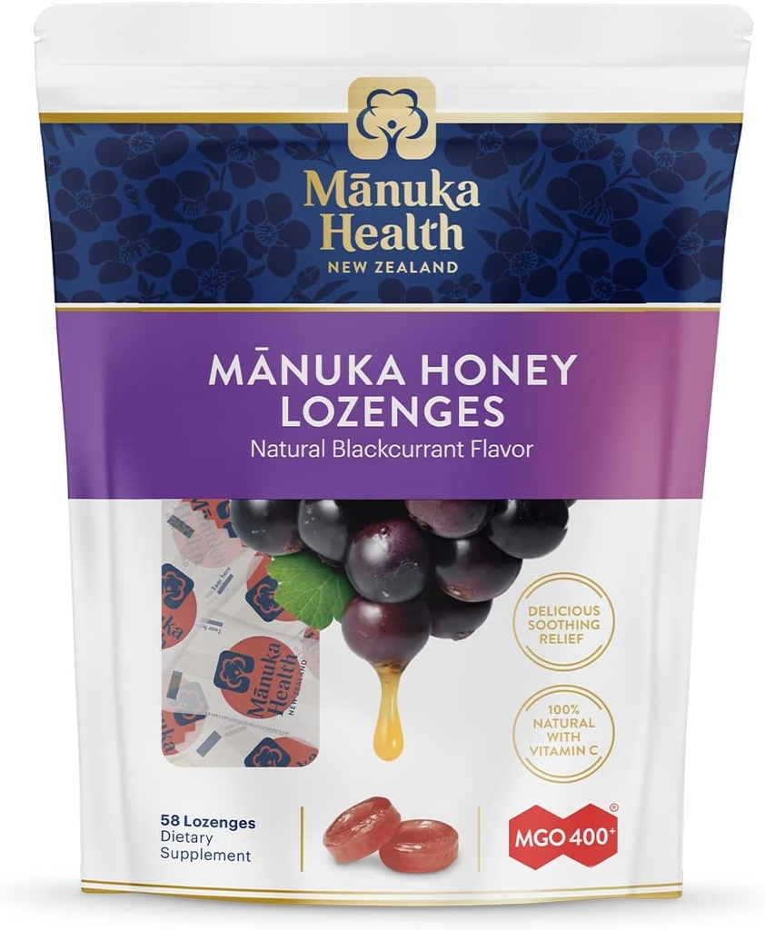 Manuka Health Manuka Honey Throat Lozenges - Blackcurrant Ochutené Lozenges, 58-Count - Kašeľ kvapky Infúzované s Raw Manuka Honey & Vitamín C pre imunitnú podporu