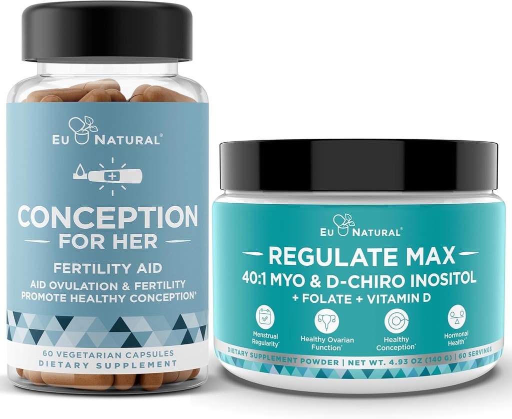 Koncepcia pre Jej kapsule + Regulovať MAX Myo- Inozitol D- Chiro Inozitol prášok - Podpora plodnosti, Hormonálna rovnováha, Regulovať cykly - 60 Vegetariánske mäkké kapsuly + 60 Servivný prášok