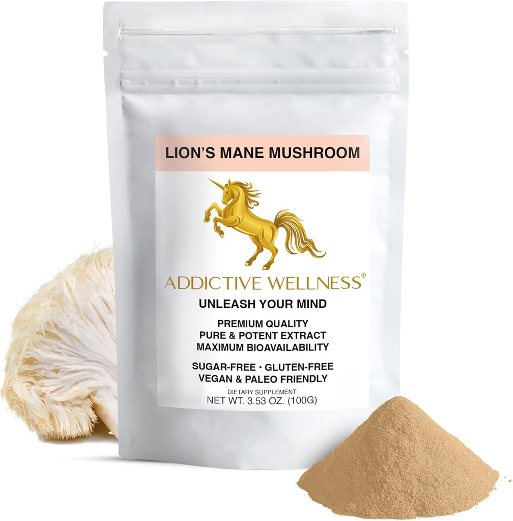 Prídavný wellness Lion Mane Supplement púder, Premium Quality Lion Mane Hubový prášok Dual-Extract Nootropný, bez cukru, Vegan & Paleo Lion Mane Supplement - 1500 mg (100 gramov)