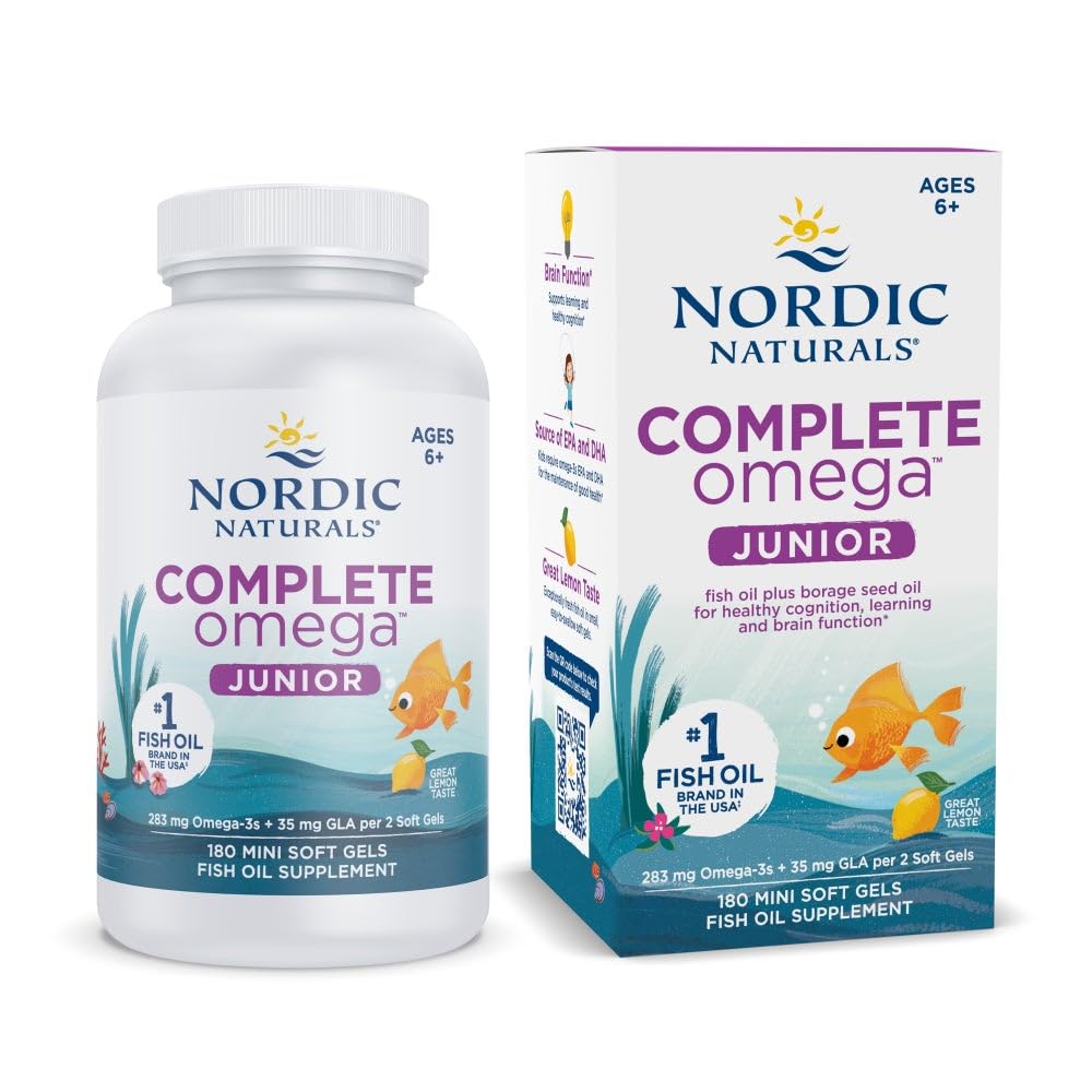 Nordic Naturals Complete Omega Jr., Lemon - 180 Mini Soft Gels - 283 mg Total Omega-3s & 35 mg GLA - Healthy Cognition, Nervisive System Function - Non-GMO - 90 Servings