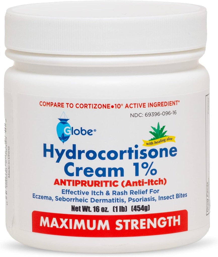 Globe Hydrokortizón Maximálna sila krém 1% w/Aloe, 16 oz, Anti-svrbiaci krém pre začervenanie, opuch, svrbenie, vyrážka, Bug/Mosquito Bites, Ekzém, hemoroidy & More, 16 oz Jar