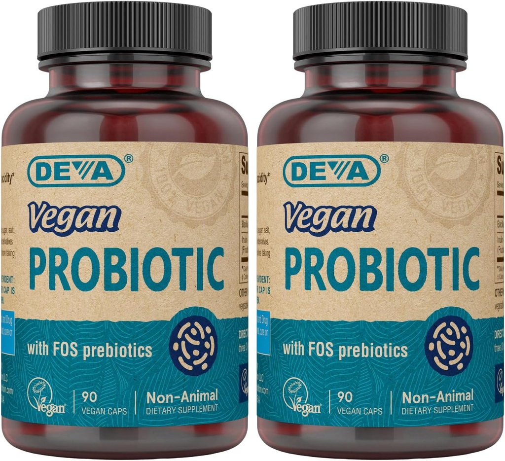 Deva Vegan Probiotiká s FOS Prebiotiká Supplement - 2 miliarda CFU so 100 MG prebiotík za obsluhu pre mužov a ženy - Non-Dairy Gluten Free - Prirodzene Policajt Stabilný - 90 kapsúl (dávka 2)