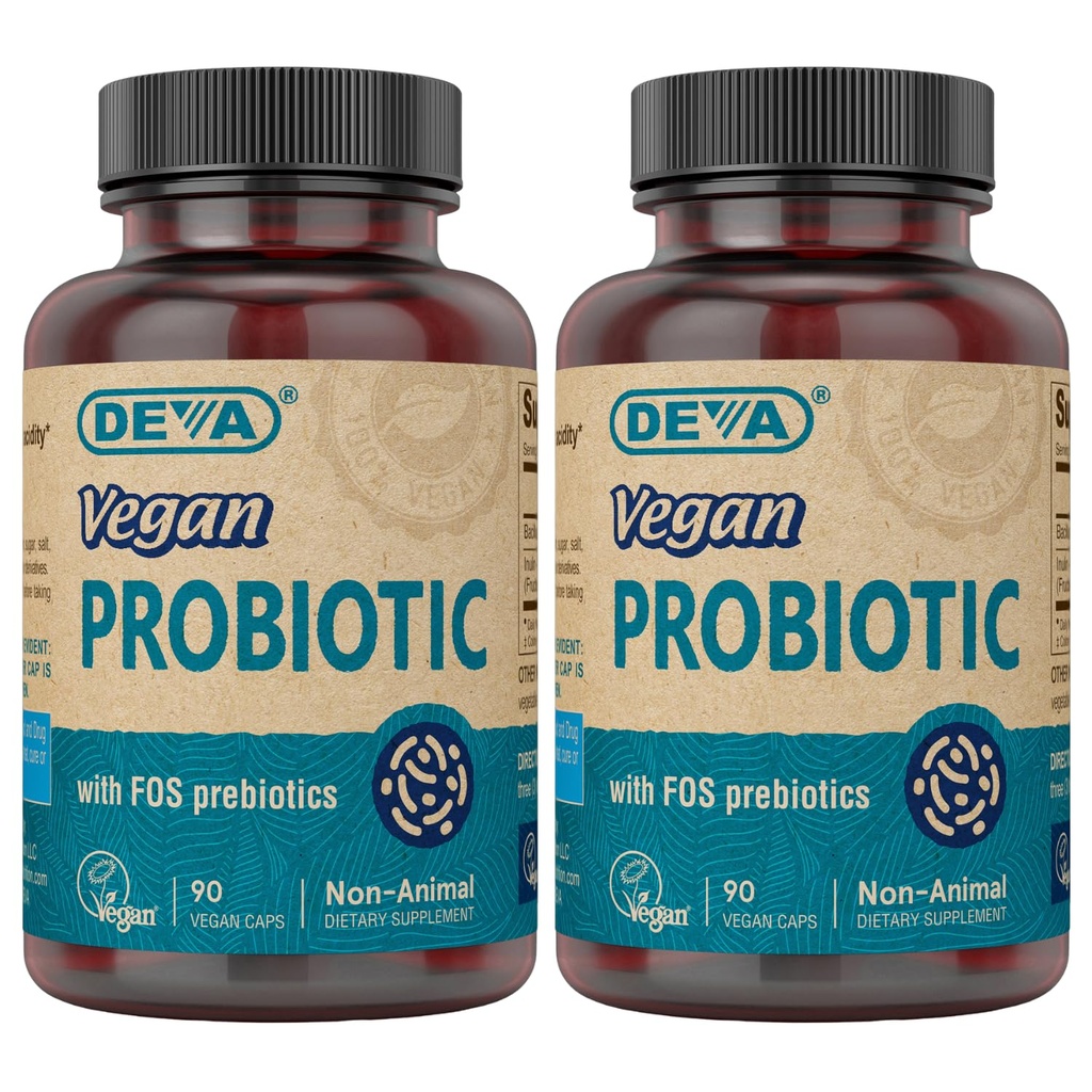 Deva Vegan Probiotiká s FOS Prebiotiká Supplement - 2 miliardy CFU so 100 MG Prebiotík na obsluhu pre mužov a ženy - bez mliečneho lepidla - Prirodzene Stabilný policajt - 90 kapsúl (dávka 2)
