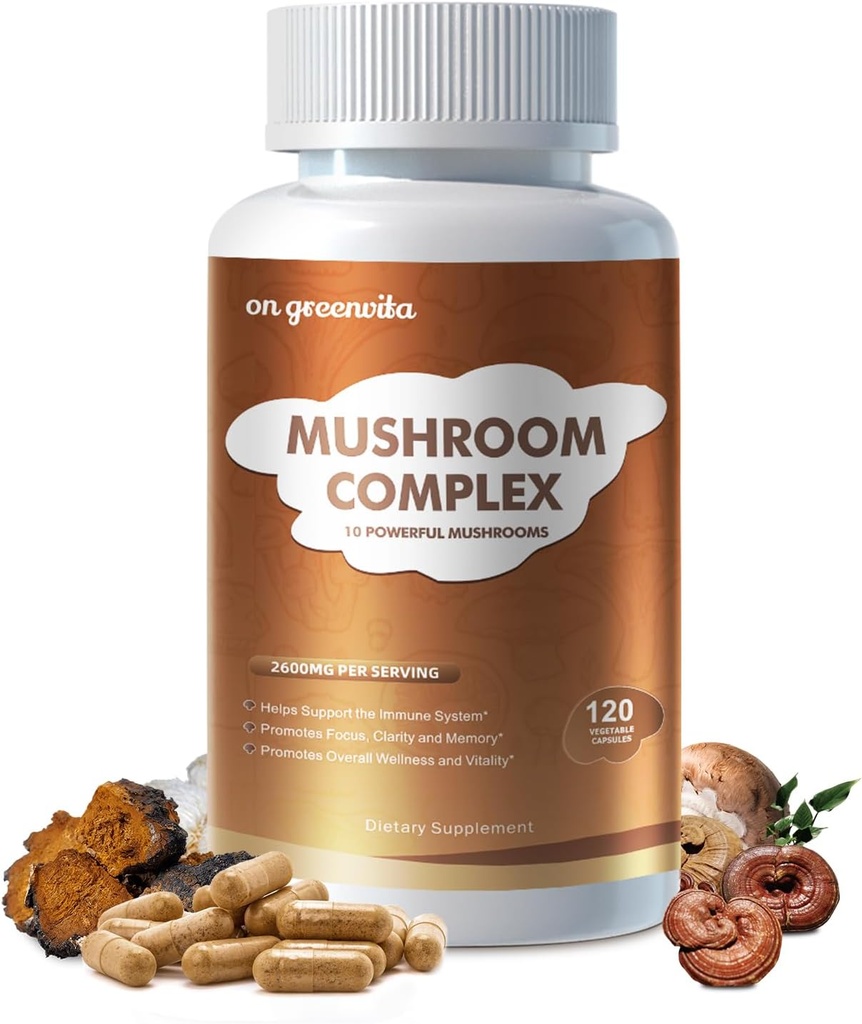 Mušroom Complex Supplement 2600mg, 120 Kapsule - 10 Huby Blend - Reishi, Lions Mane, Cordyceps, Chaga, Turkey Tail, Maitake, Shiitake, Oyster Nootropic Complex - Mozog, Energy, Focus Pills