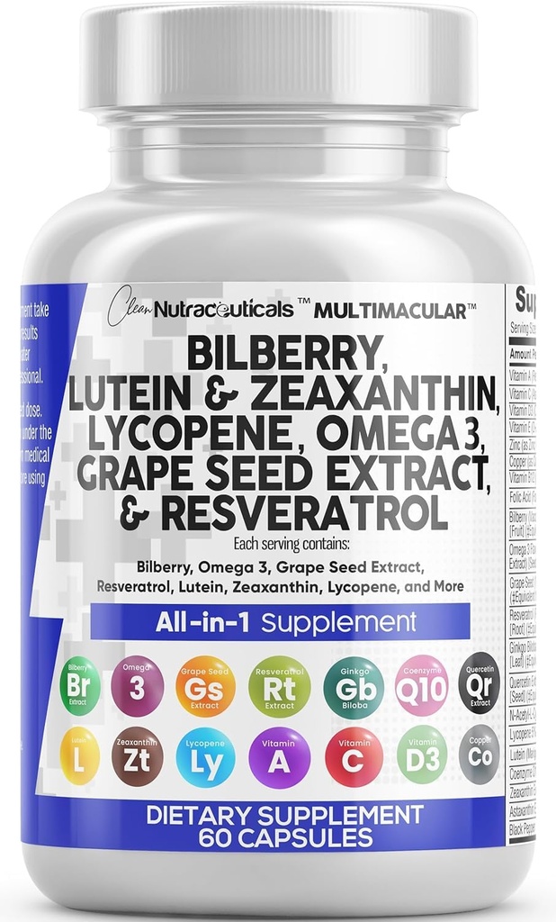Čistá Nutra Očné vitamíny s čučoriedkovým luteínom a Zeaxantínom Doplnky Lykopén 40mg Resveratrol Hroznové semeno Astaxantín pre oči - Očná starostlivosť Zdravotná podpora Očné vitamíny a minerálne doplnky