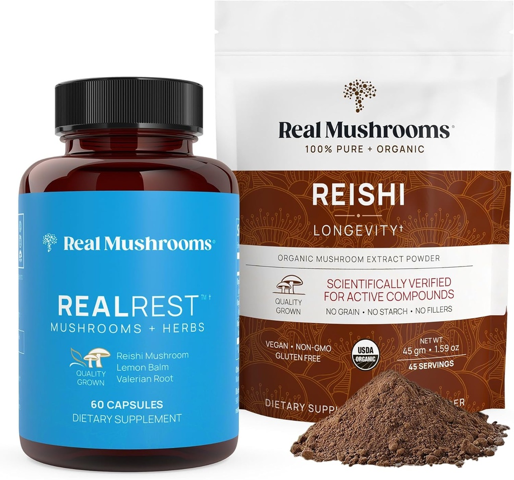 Real Huby RealRest (60ct) Kapsule a Reishi Mushrom Powder (45 Slúži) Bundle - Huba Supplement for Longevity, Daily Immune Support, Improved Sleep and Relaxation - Vegan, Non-GMO