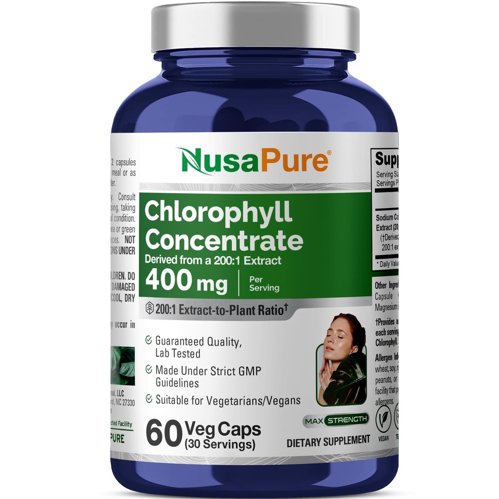 NusaPure Chlorofyl 200:1 extrakt, 400 mg ekvivalent 80 000 mg 60 Veggie Caps (Ekvivalentný 80000 mg na obsluhu, non-GMO, Vegan) meďnatý chlórfylín sodný
