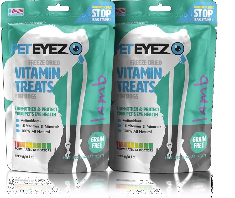 Pet Eyez-Dog Odstraňovač stopových škvŕn - Odstraňovač škvŕn pre psy - starostlivosť o psy - Dog Treaty s astaxantínom, čučoriedkový ovocný prášok, luteín, bez zŕn, prírodný proteín (Lamb-2 balenie)