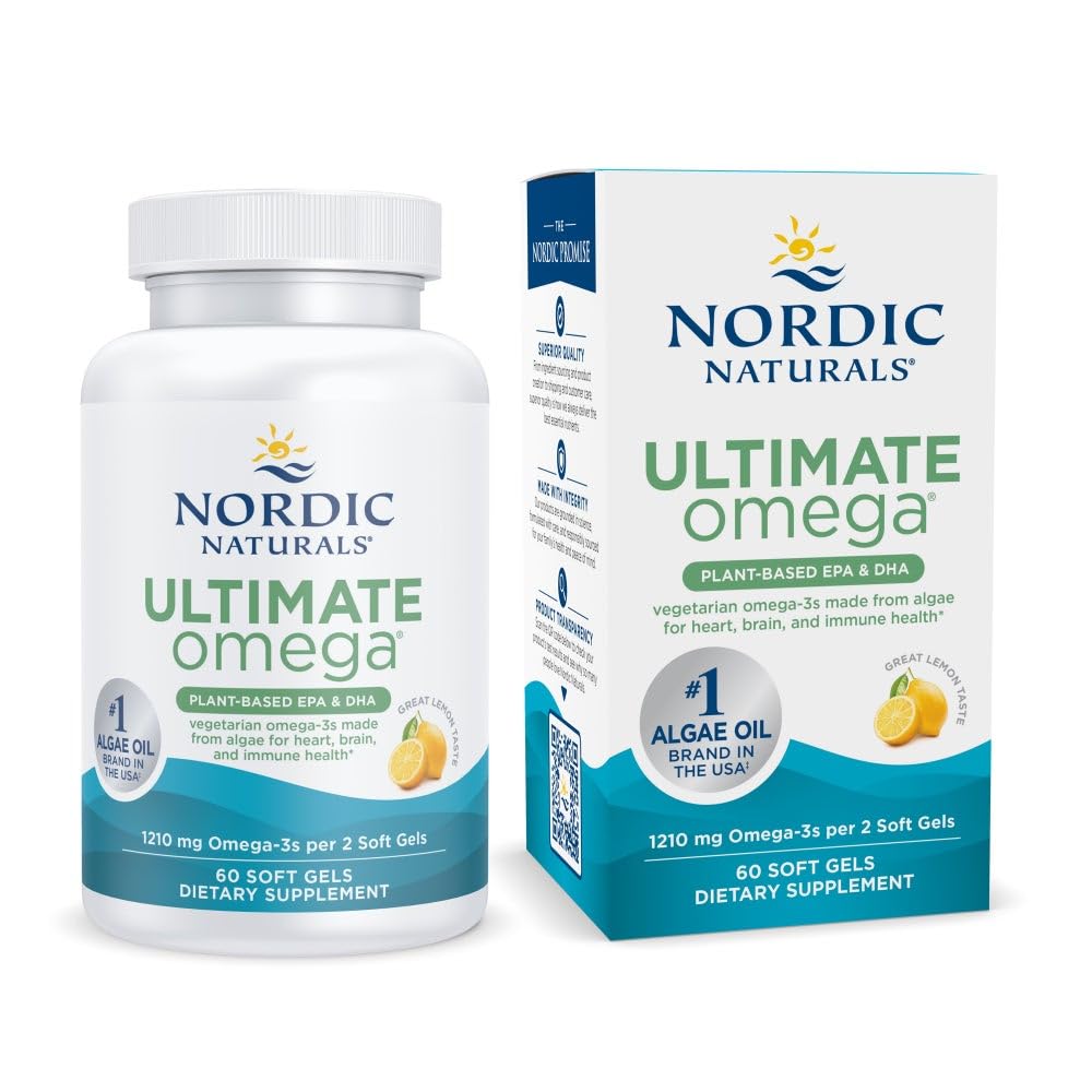 Nordic Naturals Plant Based Ultimate Omega, Lemon Flavor - 60 Vegetariánske mäkké gély - 1210 mg Omega-3 - Vegan EPA a DHA - Supplement Made from Algae - Brain & Heart Support - Non-GMO - 30 Servings
