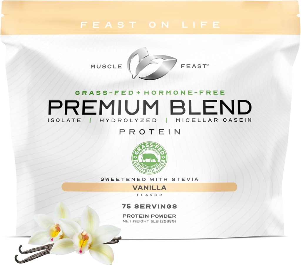 Svalové hovädziny Fed Premium Blend Srvátkový proteín, hydrolyzovaná srsť, izolát, Micellar Casein, 21g Protein, 100 kalórií (Vanilla, 5lb)