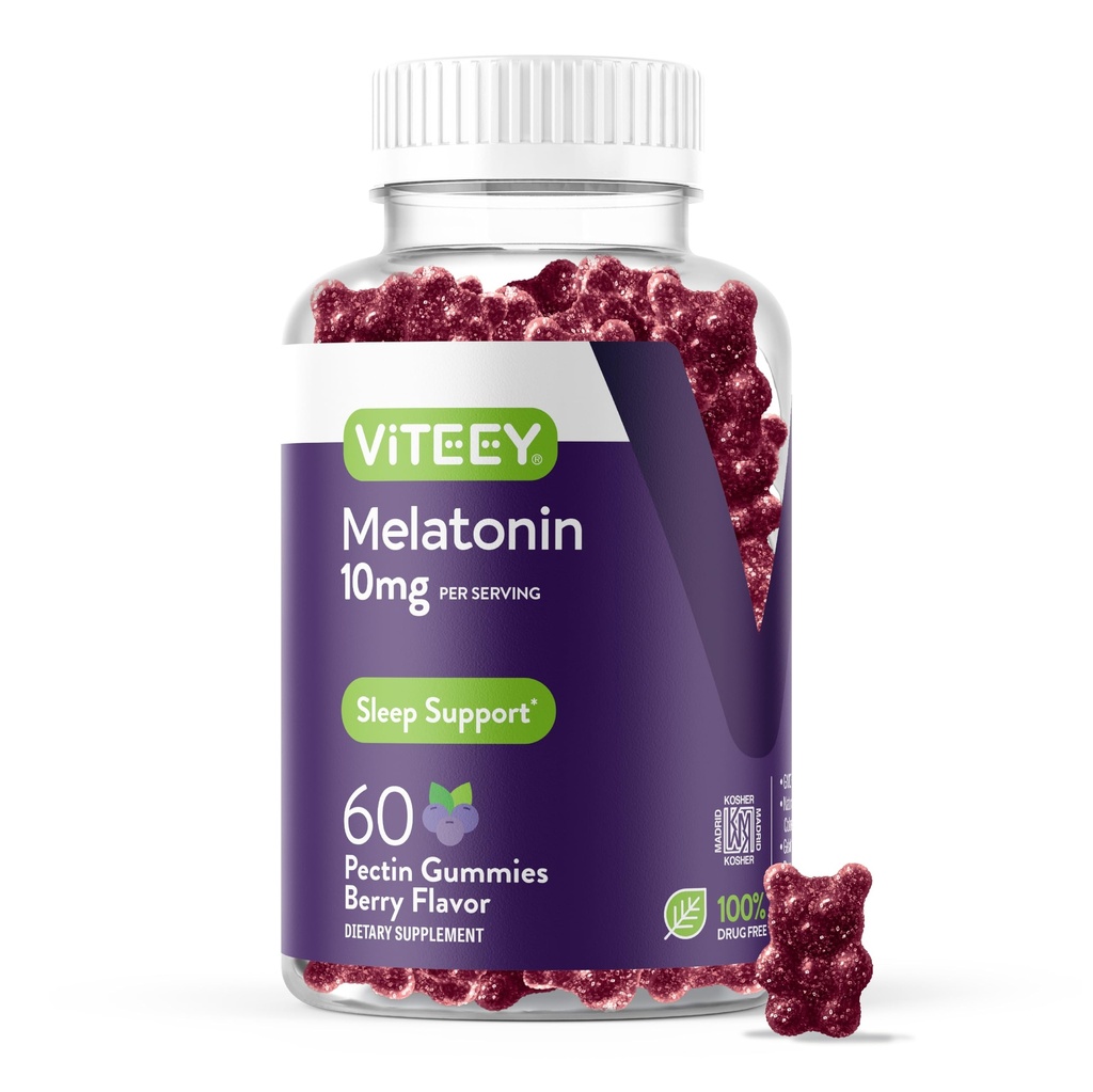 Viteey Melatonin Gummies 10mg - Spánkové Gummy pre dospelých Extra sila Melatonin - Vegan, bez GMO, bez lepku - 60 Počet