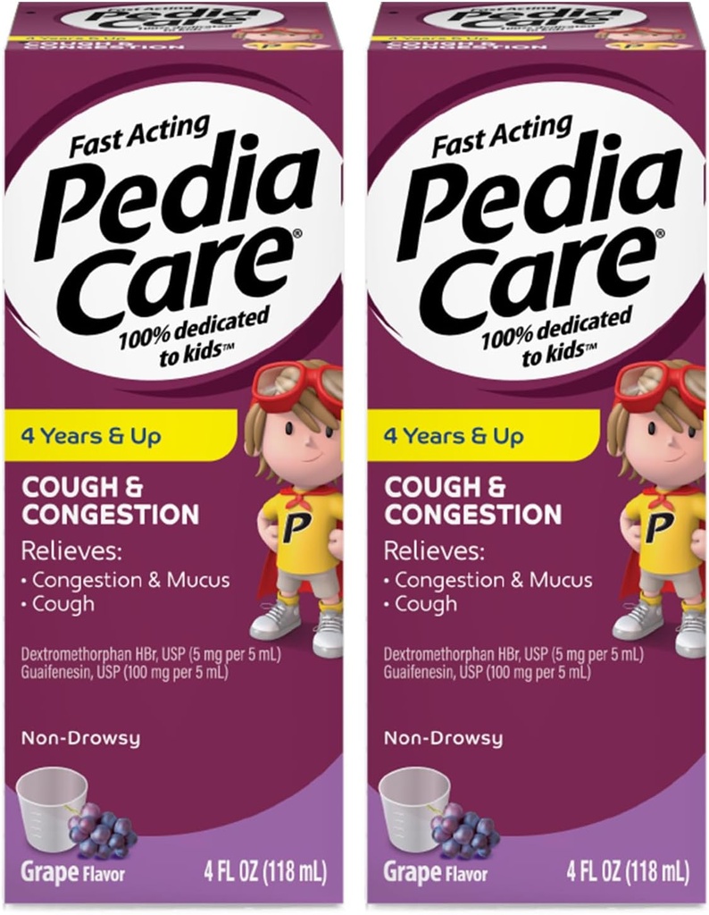 Detský kašeľ a kongescia Liquid Medicine for Cough, Chest Congestion and Muscus Cold Symptómy, non-Drowsy, Vek 4+, Hroznová príchuť, 4 fl oz (2 balenia)