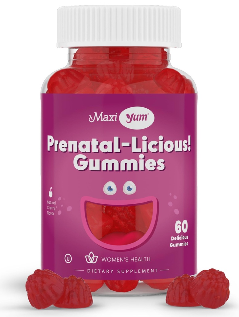 Maxi Health Ženské organické prenatálne Gummy - Košer Cherry Ochutené pre Natal Gummy - prenatálne vitamíny pre ženy s kyselinou listovou a železo pre vývoj plodu, 60 Počet