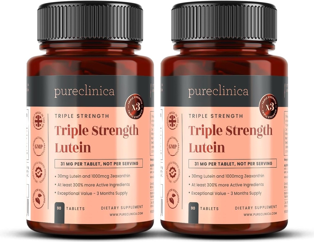 pyreclinica lutein 30 mg x 180 tabliet (2 fľaše s 90 tabletami v každej tablete). s 1000 μg Zeaxantínu. 3 x Sila tabliet pravidelného luteínu