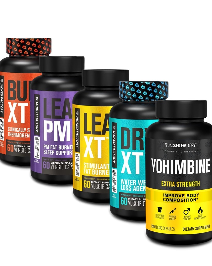 Jacked Factory Termogénny spaľovač tukov Chudnutie doplnok - Burn-XT Thermogenický a Lean PM Nighttime strata hmotnosti Spánková pomoc - Lean-XT bez kofeínu spaľovač tukov, Yohimbine kapsule, suché XT Diuretiká