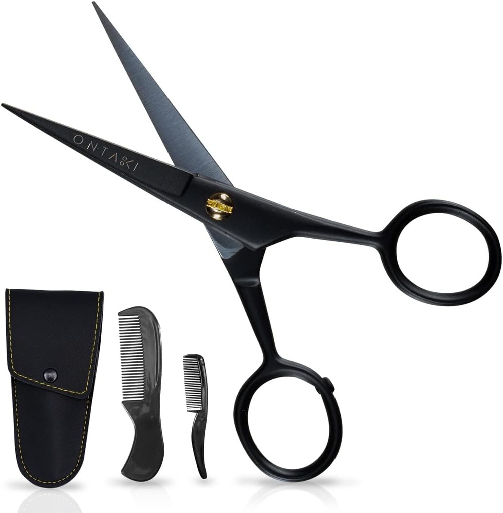 Ontaki fúzy nožnice pre mužov - 5-inch, čierny - nemecký High-Carbon Steel Bevel-Edge pre presnosť - Brada Trimming Nožnice - zahŕňa ženíchové súprava s fúzy a medvedí hrebene a nosenie balíčka