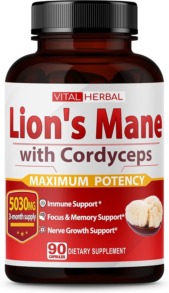 VITAL HERBAL Lions Mane Huba s Cordyceps Kapsule ekvivalent k 5030mg - Maximum Potency L-Theanine Ashwagandha Brain Supplement for Focus Memory Energy Mood Support 90 dní