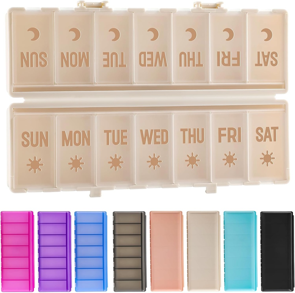 Foldable pilulky Organizátor 2 Časy a deň w / Etched Etikety -Duálna ochrana a prenosný týždeň AM PM pilulky Box, 7 dní Medicína Kontajner, veľké cestovné pilulky Prípad na týždeň denné doplnok Vitamín - Khaki