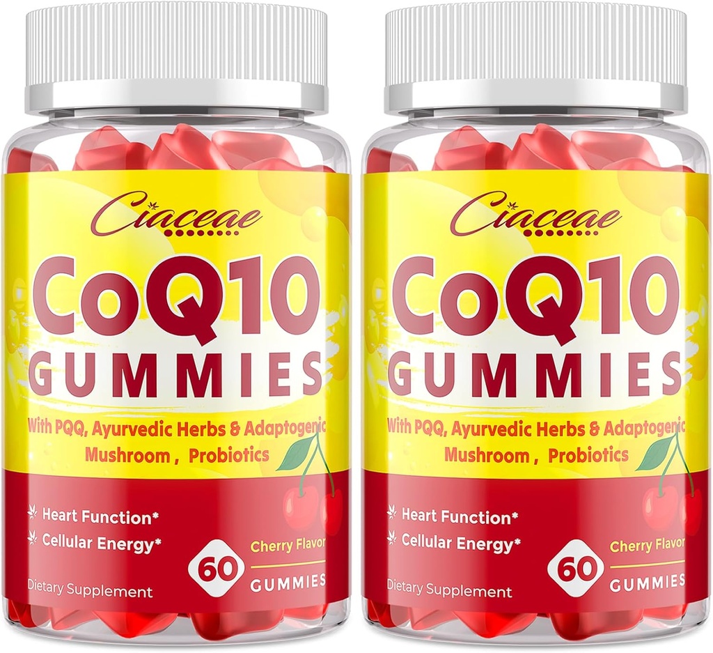 CoQ10 Gummy s PQQ - 400 MG Koenzým Q10 High Potency, Vylepšené s ayurvedic bylín, Adaptogénny Müshroom Blend & Probiotiká pre srdce, mozog, energia, imunita, Cherry Flavor, 120 Vegan Gummies