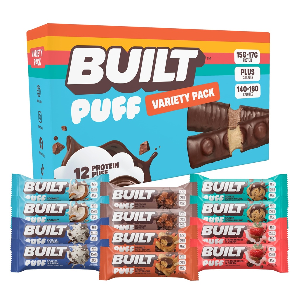 Postavený bar, Puff Protein Bars, Odrodové balenie, Kolagén, On-the-go Snacks, Breakfast Bar, Mixed Sampler, 12 Balenie
