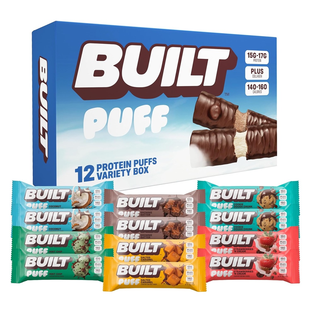 Postavený bar, Puff Protein Bars, Odrodové balenie, Kolagén, On-the-go Snacks, Breakfast Bar, Mixed Sampler, 12 Balenie