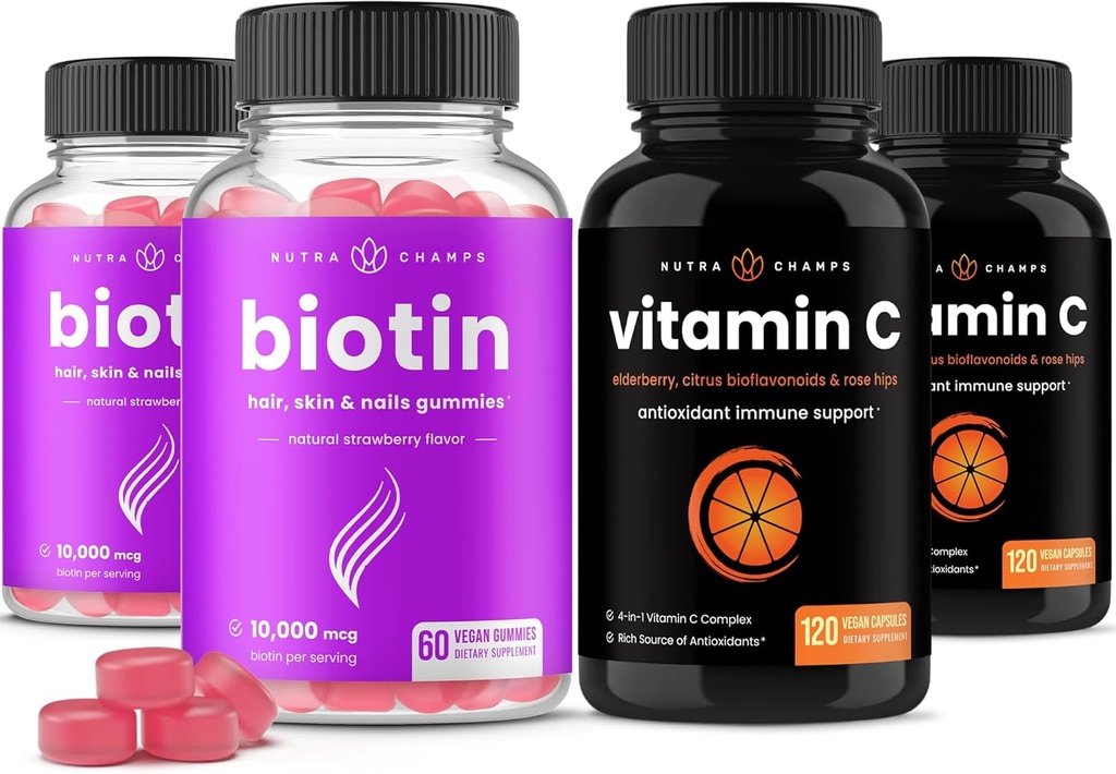 NutraChamps Biotin Gummies (2 Pack) and Vitamin C Capsules (2 Pack) 4 Pack Bundle