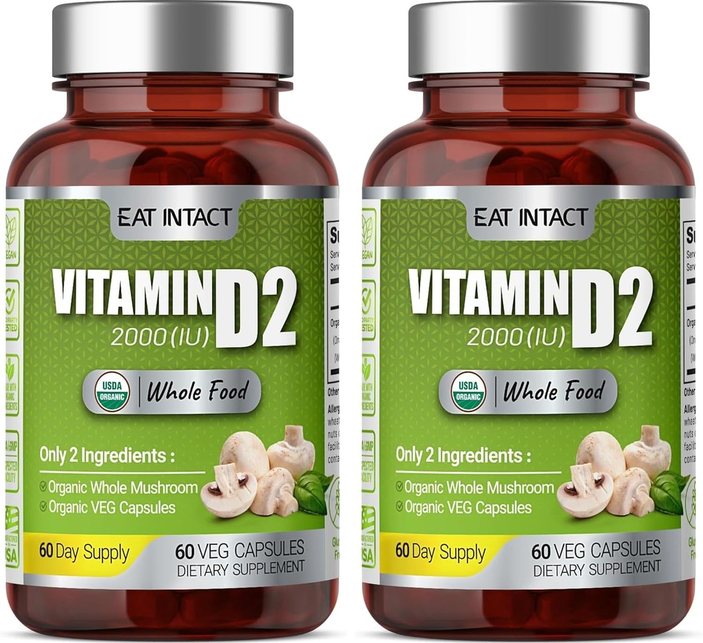 Organic Vegan Whole Food Vitamin D2 (2 balenia), 2000 IU (50 μg), dve zložky (Organic Whole Mushrom Organic Vegan Capsule), non-GMO, 120 dní dodávky