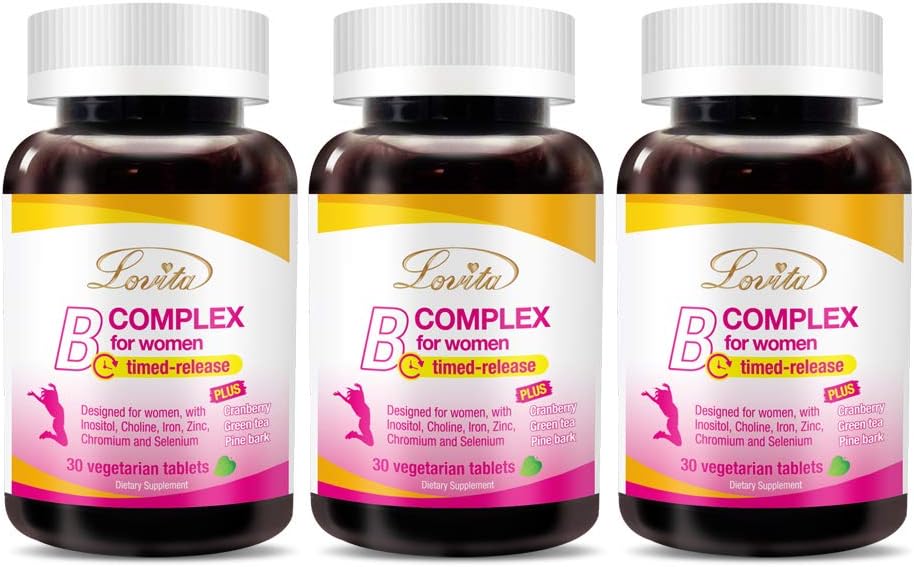 Lovita s vysokým obsahom vitamínu B komplex pre ženy, načasované uvoľnenie, všetky B vitamíny so železom, vitamín C, brusnica, píniová kôra, zelený čaj pre energiu, 30 vegetariánskych tabliet (balenie 3)
