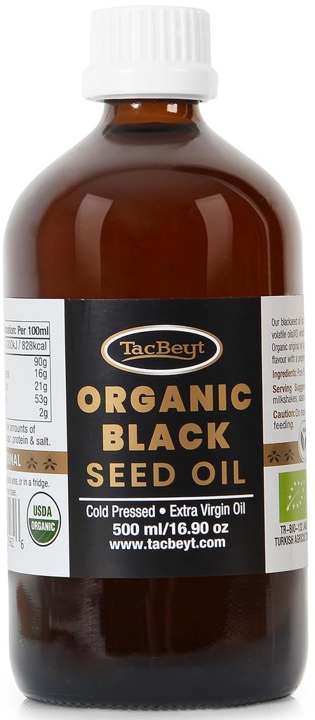 TacBeyt Black Seed Oil, Organic Cold Pressed Liquid, 2% Thymochinón, 100% Original Turkey Black Seed Oil, USDA Certified, Gluten Free, Non GMO, Cold-Pressed, (Original 16.90 Fl Oz)