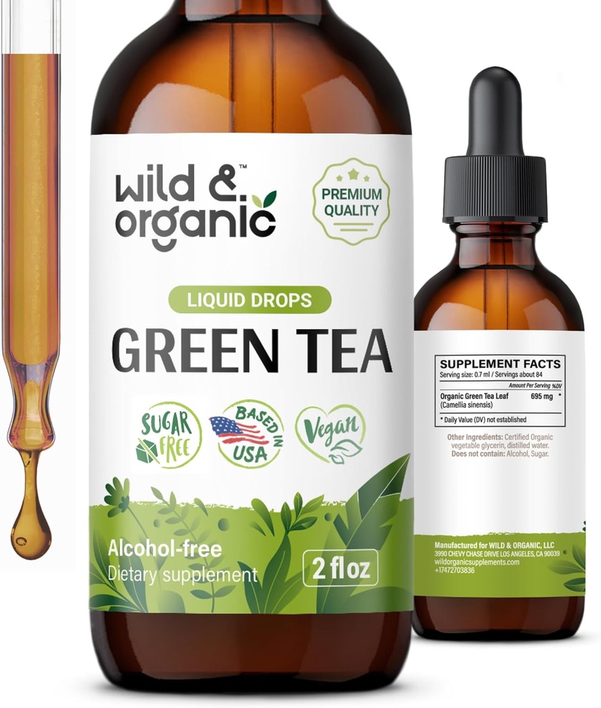 Wild & Organic Green Tea Extract Liquid Drops - Antioxidant Supplement - Natural Green Tea Supplements w/Camelia Sinensis - Vegan, Cukor a alkohol-free Tinture - 2 fl oz