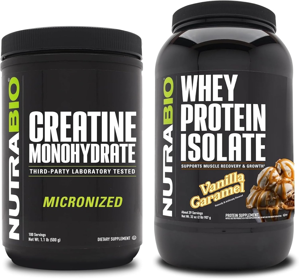 NutraBio Creatin Monohydrát, Neochutené, 500g a srsť proteín izolát, Vanilla Caramel, doplnok Bundle - svalová energia, Lean svalového rastu, zotavenie, a sila