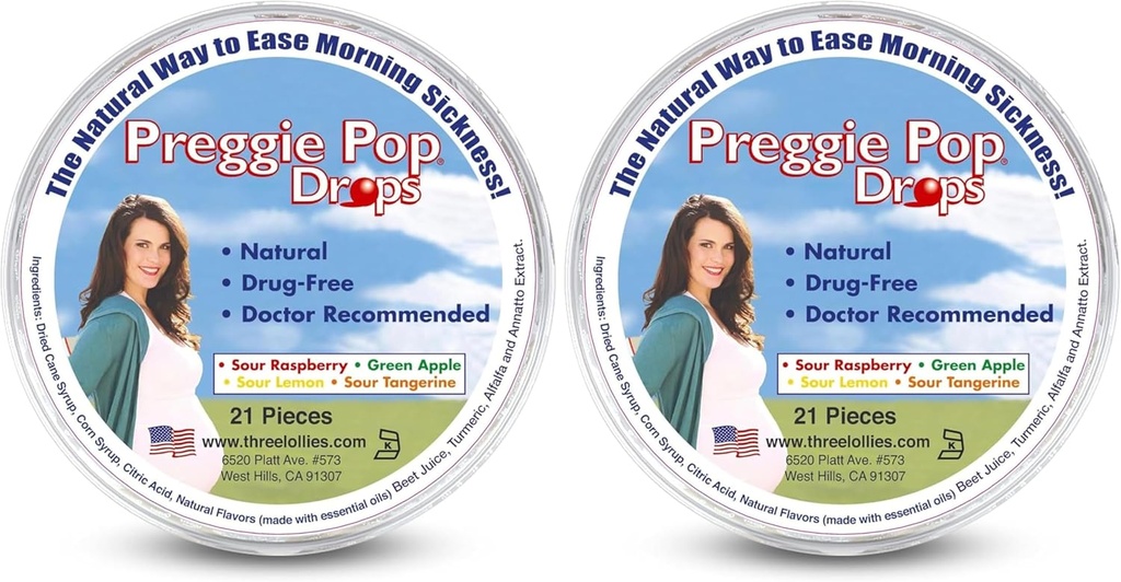 Tri lollies Preggie Pop kvapky - 21 kvapky - Ranná úľava od choroby počas tehotenstva - Bezpečné pre tehotné mamičky a dieťa - bez lepku - Štyri príchute: citrón, Malinová, Zelené jablko, Tangerine (Storok 2)