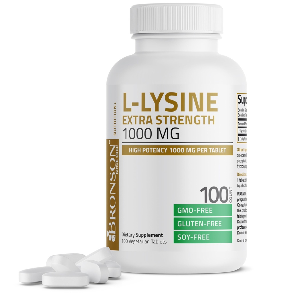 Bronson L- Lysine Extra sila 1000 MG na tabletu Vysoká potencia, Imunitná podpora a podpora Kolagénová syntéza, Non- GMO, 100 Vegetariánskych tabliet
