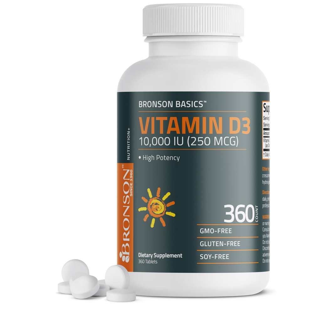 Bronson Vitamín D3 10 000iu (250 μg) 1 Rok Napájanie pre zdravé svalovej funkcie a imunitnej podpory, non- GMO, 360 tabliet