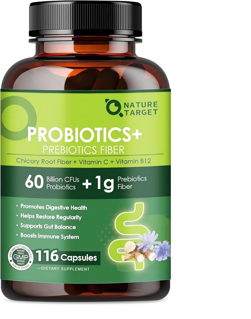 Probiotiká pre ženy Tráviace zdravie s prebiotickými vláknami - Fiber Supplement with 60 Million Probiotic for Regularity & Gut Cleanse - Podpora Príležitostná zápcha - 116 Veggie Kapsule
