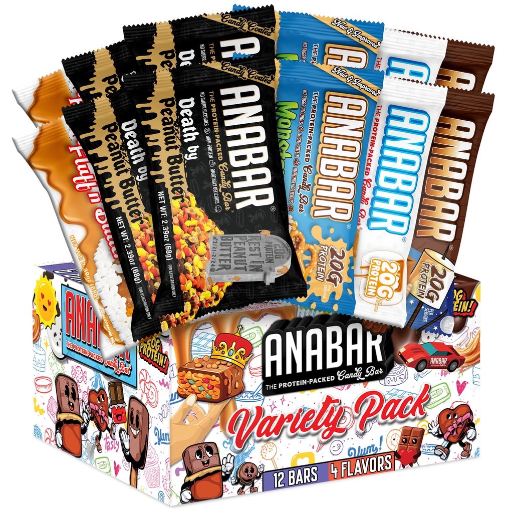 Anabar Protein Bar, The Protein-Packed Candy Bar, World's Best Ochutnávka Protein Bar, No Cukor Alkoholy, Vysoká Protein, Úžasne Delicious, 20 Grams of Protein (12 Bars, Variety Pack)