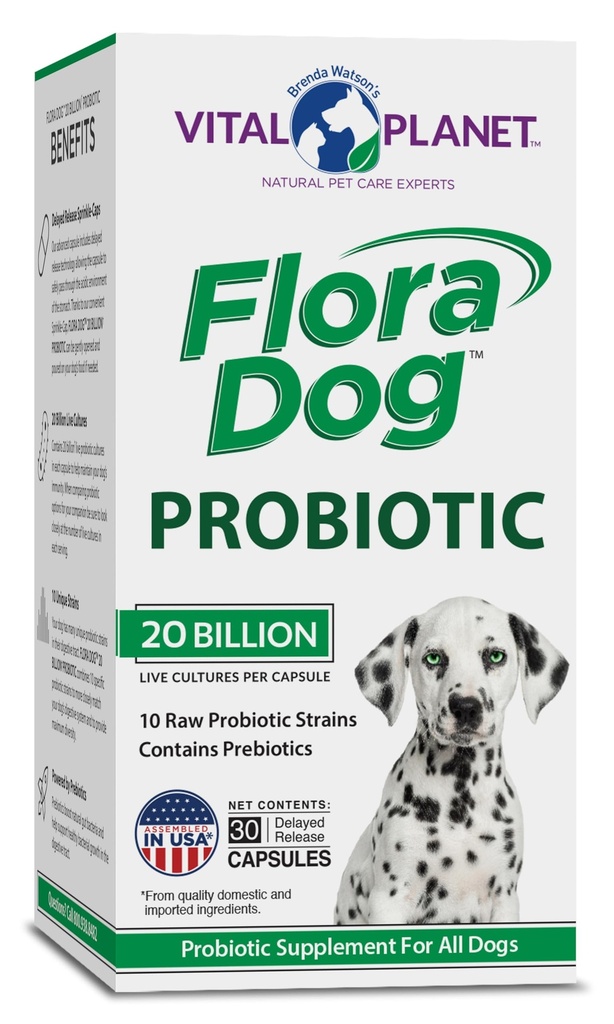 Vital Planet - Flora Dog Probiotické Kapsule Doplnok s 20 Miliónov kultúry a 10 Kmene, Vysoká potencie Imunitná a trávna podpora Probiotiká pre psy, 30 Oneskorené uvoľnenie Kapsule